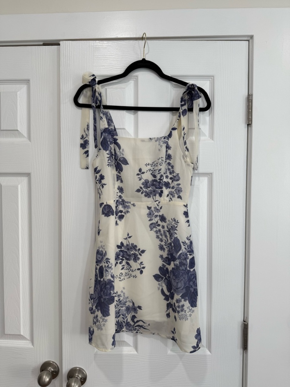 Commense Cream Sundress with Blue Floral Print and Tie Straps